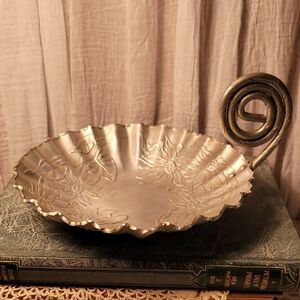 Aluminum Decorative Metal Dish With Floral Print and Swirl Handle
